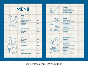 Diseño de menú de restaurante y plantilla de folleto de vector de etiqueta. Carta de cafés con comida a mano y comida. Azul. Retro