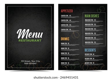 Restaurant menu design layout front and back with black textured background
