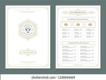 Restaurant menu design and logo vector brochure template. Chef head illustration and ornament decoration.