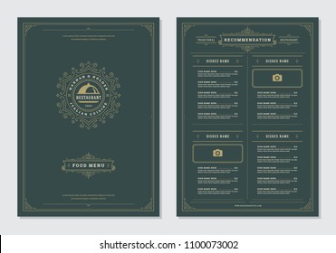 Restaurant menu design and logo vector brochure template. Tray illustration and ornament decoration.