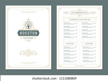 Restaurant menu design and logo vector brochure template. Fork illustration and ornament decoration.