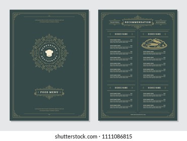 Restaurant menu design and logo vector brochure template. Chef hat illustration and ornament decoration.