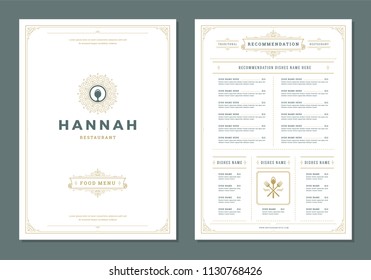 Restaurant menu design and logo vector brochure template. Spoon illustration and ornament decoration.