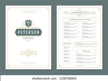 Restaurant menu design and logo vector brochure template. Knifes illustration and ornament decoration.