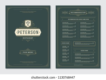 Restaurant menu design and logo vector brochure template. Knifes illustration and ornament decoration.