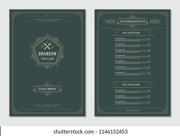 Restaurant menu design and logo vector brochure template. Fork illustration and ornament decoration.