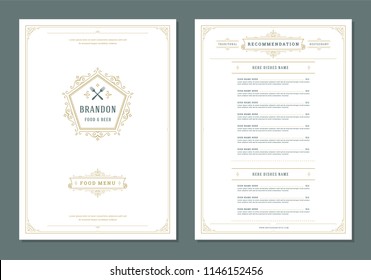 Restaurant menu design and logo vector brochure template. Fork illustration and ornament decoration.