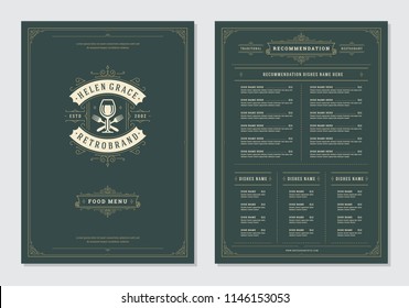 Restaurant menu design and logo vector brochure template. Wine glass illustration and ornament decoration.