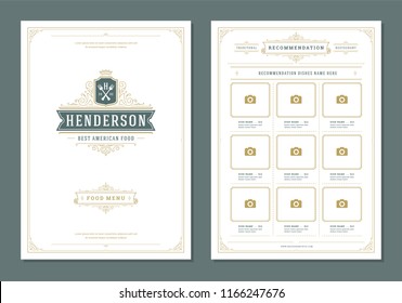 Restaurant menu design and logo vector brochure template. Forks illustration and ornament decoration.