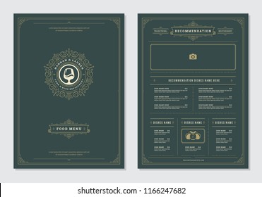 Restaurant menu design and logo vector brochure template. Wine glass illustration and ornament decoration.