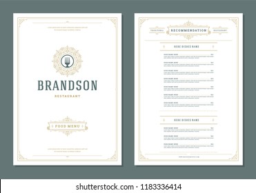 Restaurant menu design and logo vector brochure template. Fork illustration and ornament decoration.