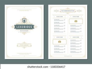 Restaurant menu design and logo vector brochure template. Spoon illustration and ornament decoration.