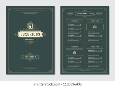 Restaurant menu design and logo vector brochure template. Spoon illustration and ornament decoration.