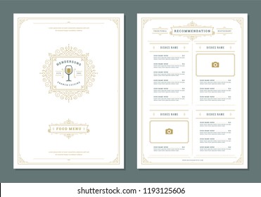 Restaurant menu design and logo vector brochure template. Wine glass illustration and ornament decoration.