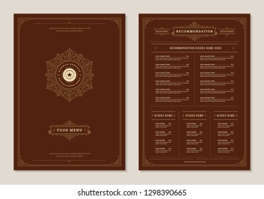 Restaurant menu design and logo vector brochure template. Plate illustration and ornament decoration.