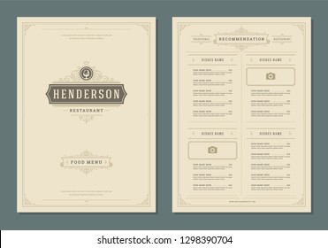 Restaurant menu design and logo vector brochure template. Wine glass illustration and ornament decoration.