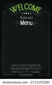 Restaurant menu design on a black chalkboard, featuring decorative hand drawn welcome text and customizable template area.