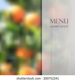 Restaurant menu design on blurred background of orange grove with semi transparent wrinkled paper texture. 