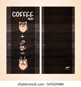 Restaurant menu design on wooden background. Vector template for cafe, coffee house, bar. Vintage wood texture.