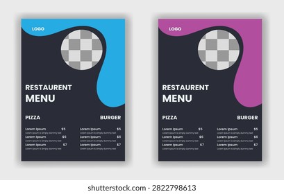 Restaurant menu design with pizza and burger options in colorful vector style