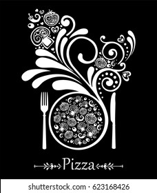 Restaurant menu design. Pizza isolated on Black background. Vector illustration