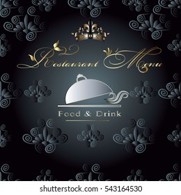 Restaurant menu design. Royal vintage restaurant menu  template with 3d seamless pattern background, royal gold crown and floral beautiful vintage lettering.