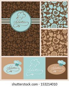 Restaurant menu design with seamless food background. Vector set.