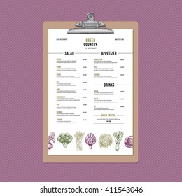 Restaurant menu design template. Cafe identity. Healthy food. Vector illustration