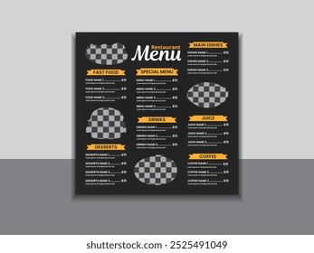 Modelo de design de menu de restaurante. Design da placa de menu. Projeto de cartão de menu de comida rápida para restaurante. 