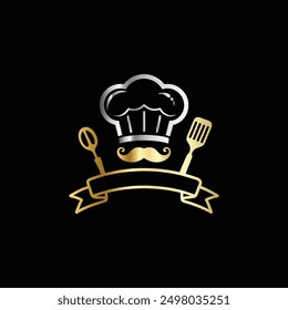Restaurant menu design template with chef hat, spoon and ribbon
