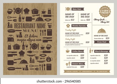 Restaurant Menu Design Template With Silhouette Kitchen Utensils Icons Background