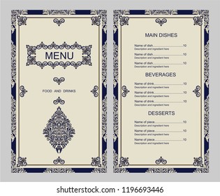 Restaurant menu design. Vector menu brochure template for cafe, coffee house, restaurant, bar. Food and drinks logotype symbol design. Crumpled vintage paper background