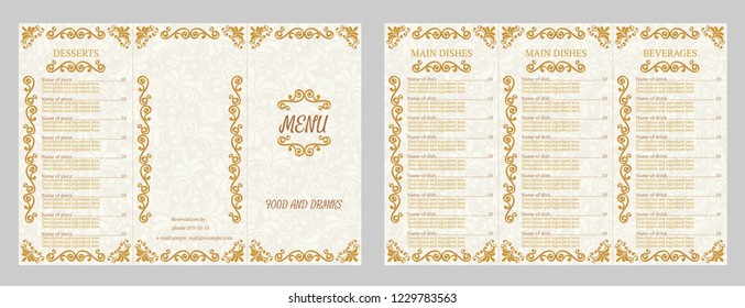 Restaurant menu design. Vector menu brochure template for cafe, coffee house, restaurant, bar. Food and drinks logotype symbol design. The front and rear side. Paper A format. Booklet.