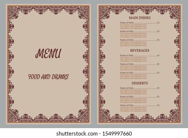 Restaurant menu design. Vector menu brochure template for cafe, coffee house, restaurant, bar. Food and drinks. 