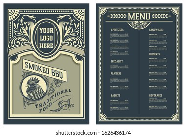 Restaurant menu design vector brochure template. Chicken head silhouette