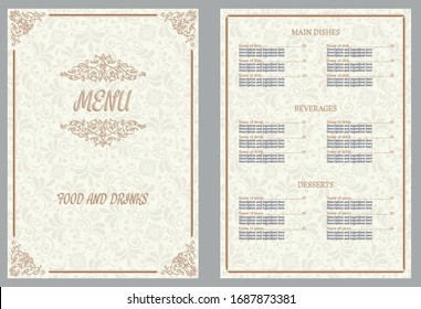 Restaurant menu design. Vector menu brochure template for cafe, coffee house, restaurant, bar. Vector illustration.