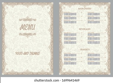 Restaurant menu design. Vector menu brochure template for cafe, coffee house, restaurant, bar. Vector illustration.