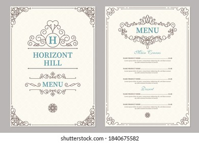 Restaurant menu design. Vector brochure template for cafe, coffee house, restaurant, bar. Food and drinks logotype symbol design. Vintage background