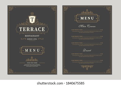 Restaurant menu design. Vector brochure template for cafe, coffee house, restaurant, bar. Food and drinks logotype symbol design. Vintage background