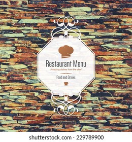 Restaurant menu design. Vector menu brochure template for cafe, coffee house, restaurant, bar. Food and drinks logotype symbol design. Vintage stones background