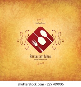 Restaurant menu design. Vector menu brochure template for cafe, coffee house, restaurant, bar. Food and drinks logotype symbol design. With wineglass, fork and spoon