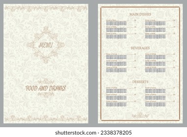 Restaurant menu design. Vector menu brochure template for cafe, coffee house, restaurant, bar. Vector illustration.