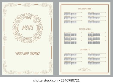 Restaurant menu design. Vector menu brochure template for cafe, coffee house, restaurant, bar. Vector illustration.