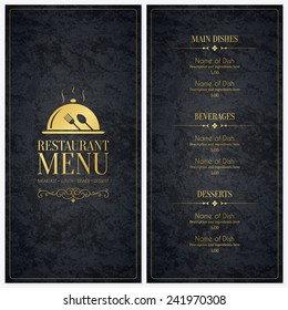 Restaurant menu design. Vector menu brochure template for cafe, coffee house, restaurant, bar. Food and drinks logotype symbol design. Crumpled vintage paper background