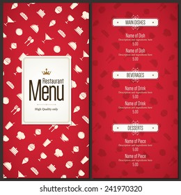 Restaurant menu design. Vector menu brochure template for cafe, coffee house, restaurant, bar. Food and drinks logotype symbol design