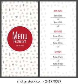 Restaurant menu design. Vector menu brochure template for cafe, coffee house, restaurant, bar. Food and drinks logotype symbol design