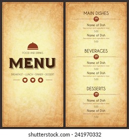 Restaurant Menu Design. Vector Menu Brochure Template For Cafe, Coffee House, Restaurant, Bar. Food And Drinks Logotype Symbol Design. Crumpled Vintage Paper Background