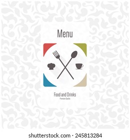 Restaurant menu design. Vector menu brochure template for cafe, coffee house, restaurant, bar. Food and drinks logotype symbol design. With chef hat, fork and spoon