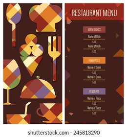 Restaurant menu design. Vector menu brochure template for cafe, coffee house, restaurant, bar. Food and drinks logotype symbol design. With chef hat, fork and spoon