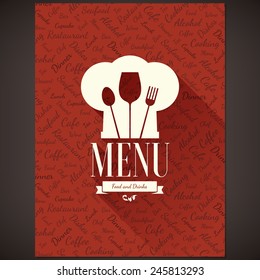 Diseño de la carta del restaurante. Plantilla de folleto del menú vector para café, café, restaurante, bar. Diseño de símbolos de logotipo de comida y bebida. Con sombrero de chef, tenedor y cuchara